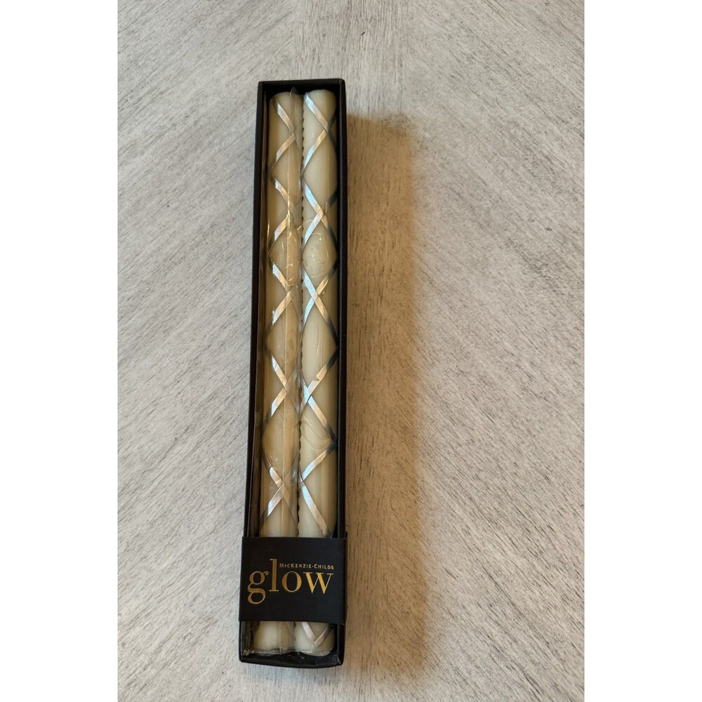 Mackenzie-Childs Beeswax Taper Candles 12" Set of 2 Silver Crisscross New